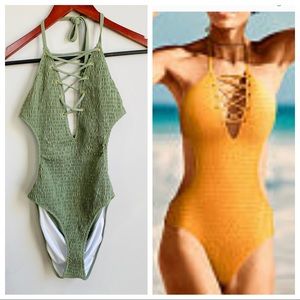 PINK smocked cut-out one piece in slate green